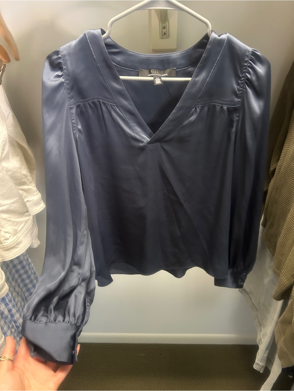 White House Black Market Satin V-Neck Blouse - Blue